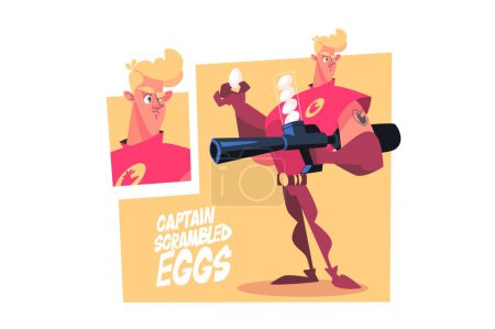 Illustration for Muscular cartoon man, holds large gun that throws eggs, vector illustration. The characters face appears somewhat confused. - Royalty Free Image