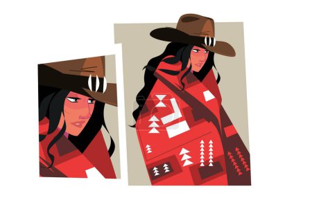 Mädchen mit Cowboyhut und bunten Kleidern, Vektorillustration.