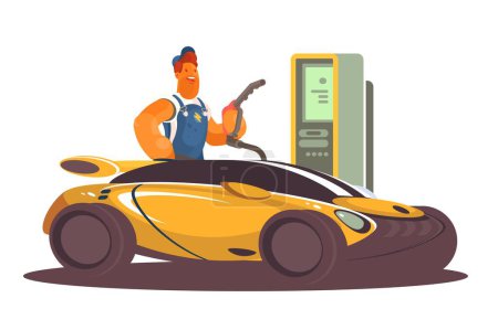 Téléchargez les illustrations : Sports Car Ravitaillement, illustration vectorielle. Présente une voiture de sport jaune ravitaillée en carburant à une station-service par un individu en combinaison bleue. - en licence libre de droit