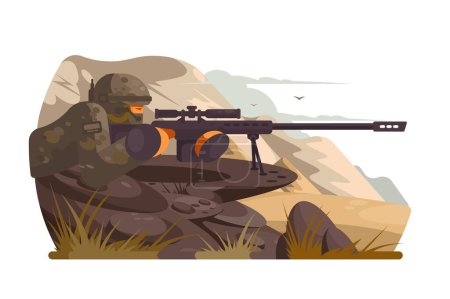 Francotirador en posición, ilustración vectorial. Muestra a un francotirador en camuflaje, colocado en un terreno rocoso con un rifle