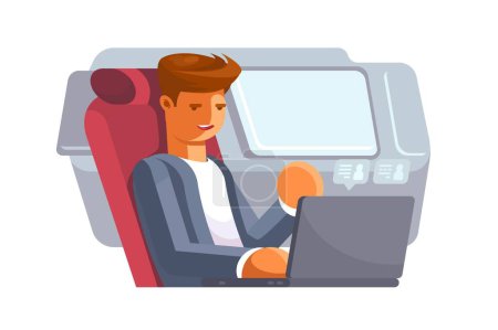 Illustration for Working on a Road Trip, vector illustration. Scene depicts a person comfortably seated in a car, using a laptop. - Royalty Free Image