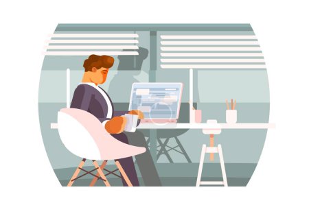Illustration for Man Working in Office, vector illustration. Scene depicts a man working on a laptop at a desk in an office setting. - Royalty Free Image