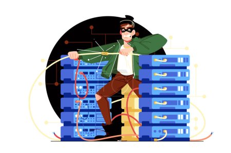 Illustration for Character Managing Data Center, vector illustration. Depicts the complexity and organization of server management and data centers. - Royalty Free Image