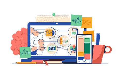 Illustration for Laptop and Smartphone with Productivity Icons, vector illustration. A laptop and a smartphone display various media and tasks connected by cloud-like shapes - Royalty Free Image