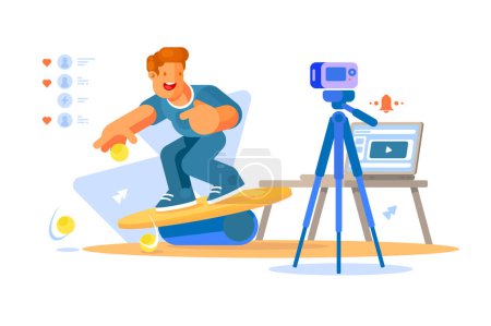Vlogger Juggling Balls Trick, vector illustration. Captures action in front of camera