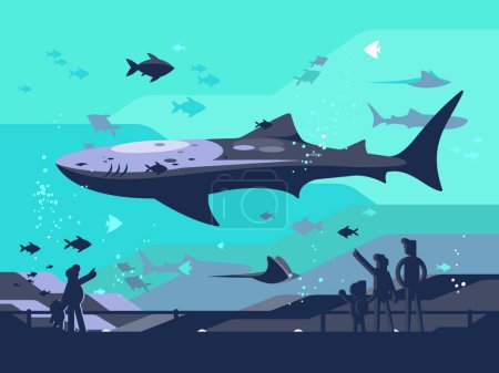 Underwater Shark Observation, vector illustration. Pier viewers spot shark among diverse fish.