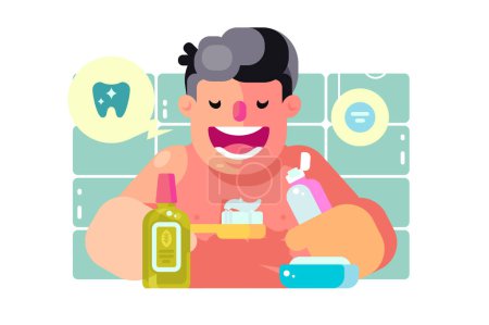Dental Hygiene Routine, vector illustration. Character with toothbrush and paste promoting oral care.