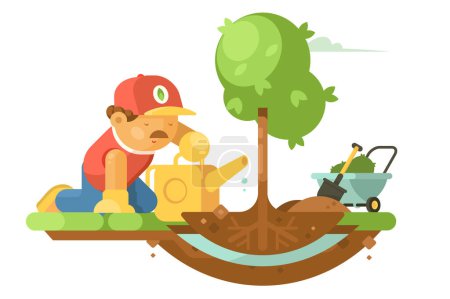 Téléchargez les illustrations : Man Planting Tree, illustration vectorielle. Garçon nourrit la nature, favorise les soins environnementaux - en licence libre de droit