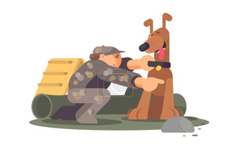 Soldier Canine Companionship, vector illustration. Depicts military bond and teamwork.