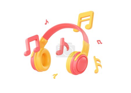 Photo for Headphones 3d render illustration - music gadget with note icons, earphone, flying notation and wireless sound headset. Dj electronic device and portable audio object isolated on white background - Royalty Free Image