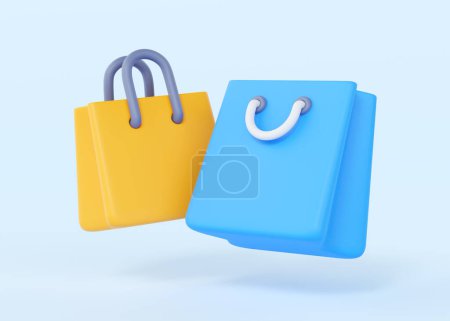 Photo for Paper bag 3d render illustration - gift product, commerce element and cartoon shop package. Fashion icon design concept, handle sale template for promo banner isolated on blue background - Royalty Free Image