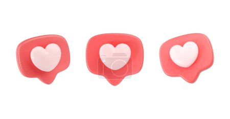 3d social media love heart icons render - message red bubble for chat and network speech on mobile phone. Valentine baloon concept for ig, dialog label set isolated on white backgound