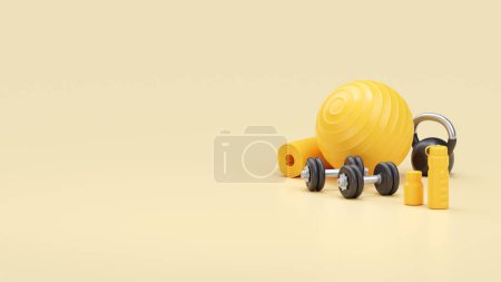 Photo for Fitness 3d render illustration - strenght dumbbell, realistic water bottle and fit ball with kettlebell. Training accessories for power health exercise. Sport lifestyle concept for store and banner - Royalty Free Image