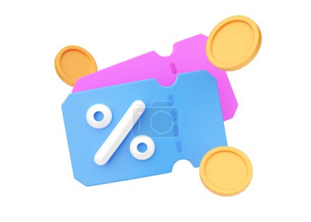 Photo for Discount coupon 3d render icon - sale promo label, price tag with percent. Promotion element, flying offer badge for store for shopping event isolated on white background - Royalty Free Image