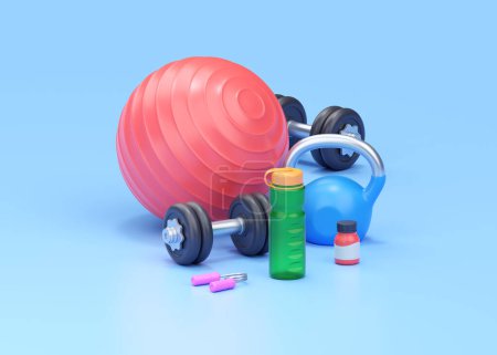 Photo for Fitness 3d render illustration - gym dumbbell, simple water bottle and fit ball near kettlebell and vitamins. Gym health care inventory and training accessories for exercise on blue background - Royalty Free Image