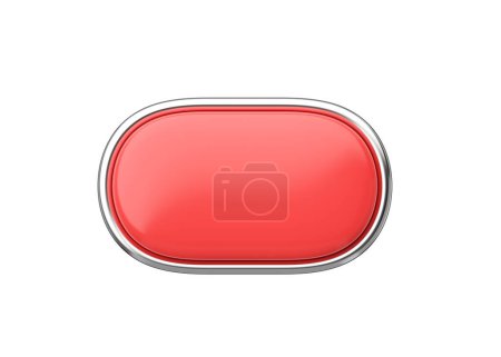 3D-Render langer Knopf - glänzendes Webelement, rechteckiges, glänzendes Etikett mit Chrom und sauberem Klicksymbol. Metall-Tag für Webseiten-Schnittstelle isoliert auf weißem Hintergrund
