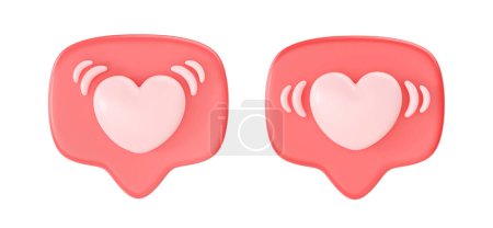 3d social media love heart icons render - mensaje burbuja roja para chat y voz de red en el teléfono móvil. Concepto de globo de San Valentín para blog, conjunto de etiquetas de diálogo aislado en fondo blanco