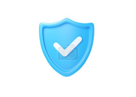 Shield 3d icon - cyber guard illustration, blockchain protect safety element und access blue symbol. Kontoverifizierung Piktogramm, Plakette genehmigen und Web-Verteidigung Zeichen isoliert auf weißem Hintergrund