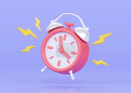 Photo for Clock 3d render icon - simple alarm timer concept, retro style flying alarmclock with thunder illustration. Cartoon circle watch with dial, old reminder for deadline on white background - Royalty Free Image