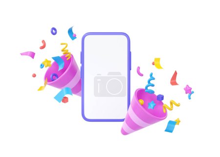 Photo for 3d phone with confetti, party celebrate cartoon render illustration. Cute smartphone with birthday explode for winner. Greetings on telephone banner design for application isolated on white background - Royalty Free Image