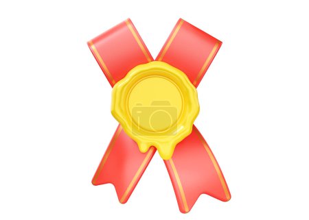 Photo for 3d wax seal for diploma, gold stamp for certificate. Golden rubber tag for document or warranty. Red ribbon with medal icon for success, premium quality label isolated on white background - Royalty Free Image