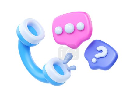 3d call center support service icon, headset with microphone render illustration for customer help. Online bot operator concept with white mic and message box isolated on blue background