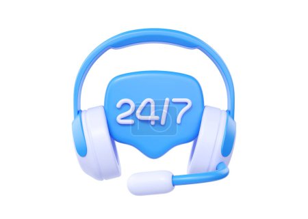 3d call center support service icon, headset with microphone concept render illustration for customer help. Online faq bot operator concept with white mic and message box isolated on blue background