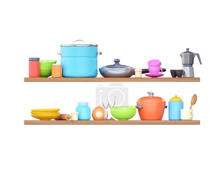 Photo for Kitchen shelf on wall with cookware 3d render illustration. Bowl, jar and bottle arrange on kitchenware shelves Tableware for dishes, cook tools stack on wooden plates - mugs, container, and pot - Royalty Free Image