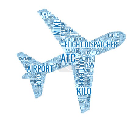 Ilustración de Ilustración vectorial palabra texto nube de frases de aviación forman icono de avión - Imagen libre de derechos