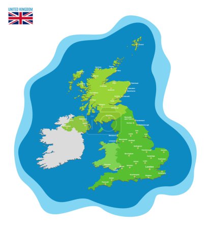 Téléchargez les illustrations : Illustration vectorielle colorée d'une carte du Royaume-Uni avec 60 villes - en licence libre de droit