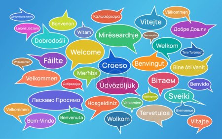 Photo for Colorful vector illustration with the word Welcome translated into European languages on a blue background - Royalty Free Image