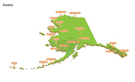 Photo for 3d vector illustrated colorful touristic map of Alaska country shape with cities and lakes - Royalty Free Image