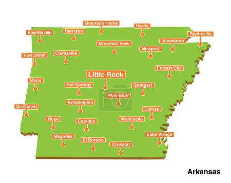 Téléchargez les illustrations : 3d vecteur illustré carte touristique colorée de l'État de l'Arkansas avec des villes - en licence libre de droit