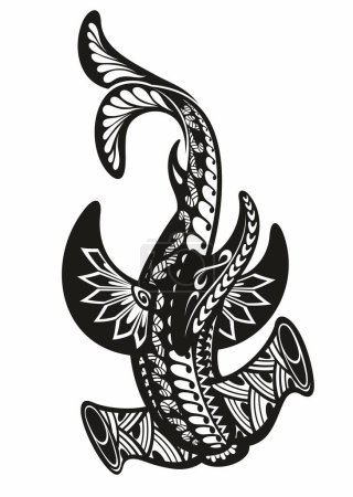 Ilustración de Ilustración decorativa tribal del tatuaje del tiburón martillo, tatuaje del tiburón. Decoración para el diseño de tarjetas. Signo abstracto para taza, t - Imagen libre de derechos