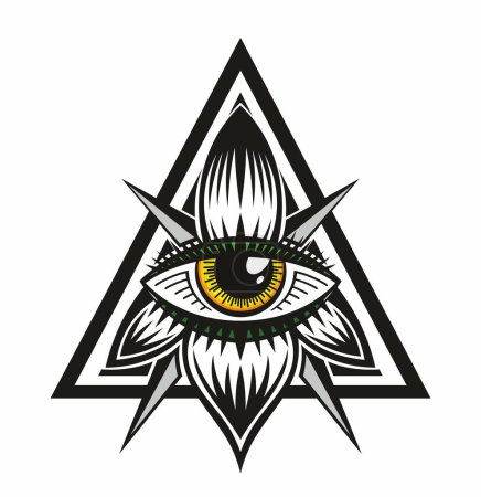 Téléchargez les illustrations : Tous voyant le vecteur d'oeil, symbole illuminati dans le triangle avec le rayon lumineux, conception de tatouage isolé sur fond blanc - en licence libre de droit