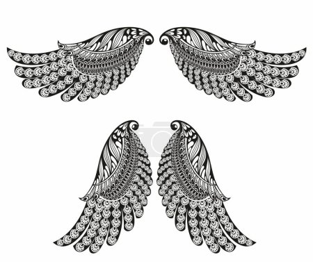 Téléchargez les illustrations : Ange ailes, oiseau ailes collection dessin animé dessin vectoriel dessiné à la main croquis - en licence libre de droit