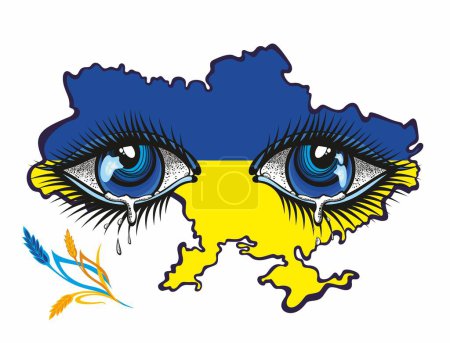 Illustration for Sad Ukrainian woman eyes is crying.  Support Ukraine. Support for the country during the occupation. Blue yellow colors - Royalty Free Image