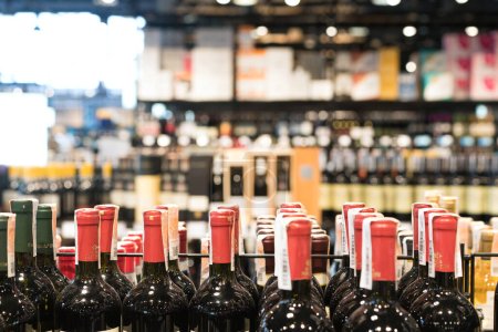 Photo for Lviv, Ukraine - February 20, 2022 : Bad Boy store, selection of wine bottles at liquor store as background, selective focus - Royalty Free Image