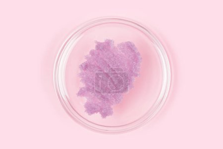 Foto de Sugar body scrub smear texture. Purple scrub smudge in petri glass dish over pastel pink background. Skin care product with fruit extract - Imagen libre de derechos