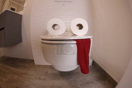 Téléchargez les photos : Wide angle shot of toilet with face made of paper rolls and red towel, comedy concept - en image libre de droit
