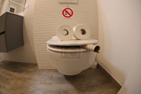 Foto de Wide angle shot of smoking toilet face made with paper rolls, comedy concept - Imagen libre de derechos