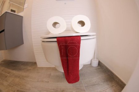 Foto de Wide angle shot of toilet with face made of paper rolls and red towel, comedy concept - Imagen libre de derechos