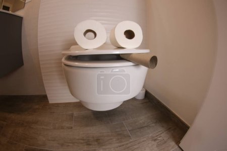 wide angle shot of smoking toilet face made with paper rolls, comedy concept