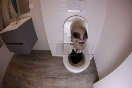 Photo for Wide angle shot of alien head sticking out of toilet, comedy concept - Royalty Free Image