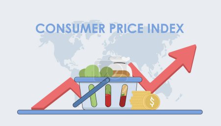 Ilustración de Vector del índice de precios al consumidor, los precios de los productos básicos y bienes de consumo aumentaron debido al aumento de la inflación. bienes de consumo flotan. - Imagen libre de derechos