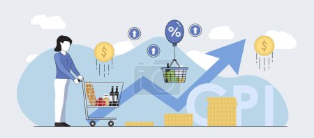 Illustration for Woman with shopping cart and rising up arrow concept  ,cpi wording,grow money , food price increase from economic recession - Royalty Free Image