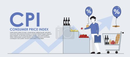 Illustration for Consumer price index men shopping cart with Rising food price crisis,Man pushing shopping cart of groceries up line chart arrow. - Royalty Free Image