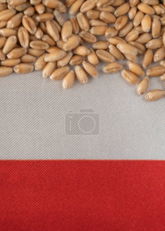 Téléchargez les photos : Grains de blé sur le drapeau jaune et bleu de la Pologne, crise céréalière en Pologne, concept de crise de la faim mondiale - en image libre de droit