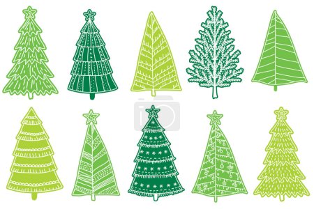 Ilustración de A collection of ten decorative green Christmas trees. Scrapbooking design. - Imagen libre de derechos