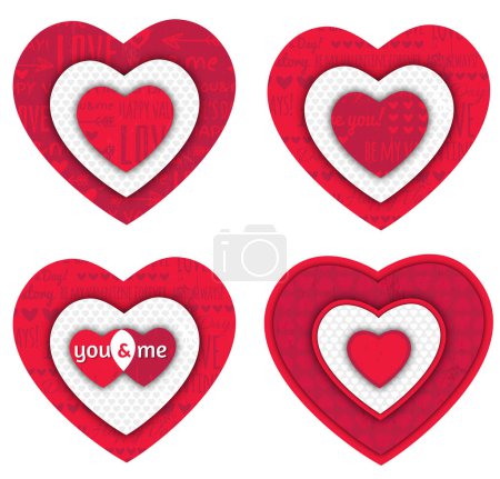 Ilustración de Set of four red hearts with decorative inscriptions and patterns. Vector illustration and PNG - Imagen libre de derechos